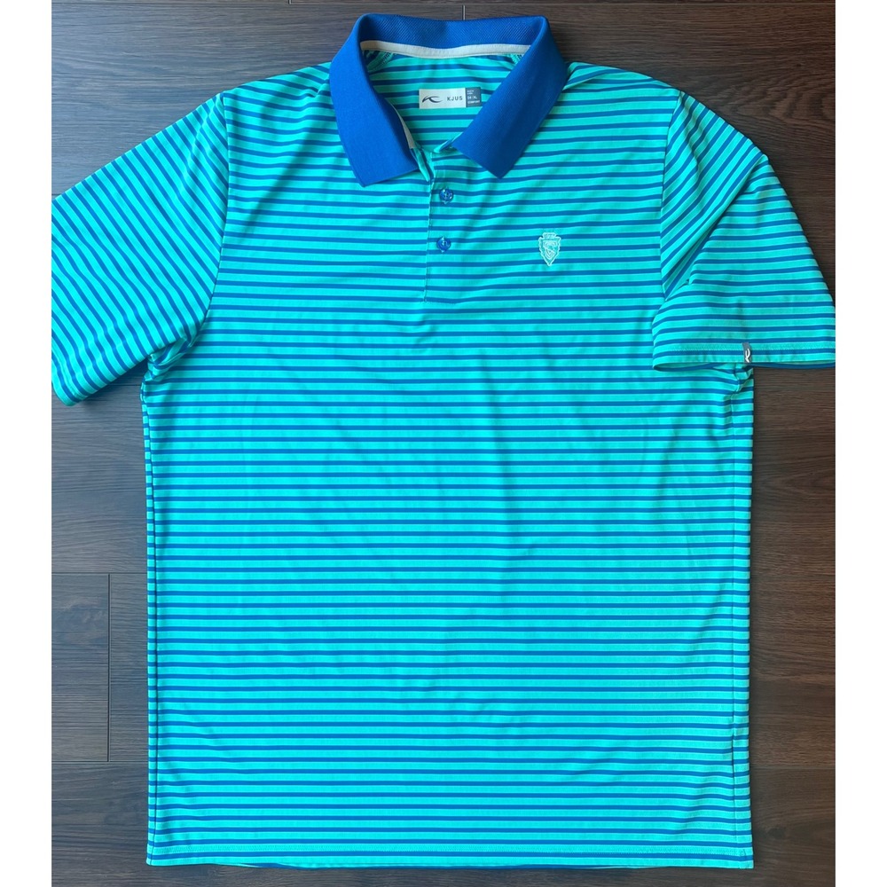 KJUS Luis Stripe Polo SS Mens XL Turquoise Blue Golf Shirt MG60-F00